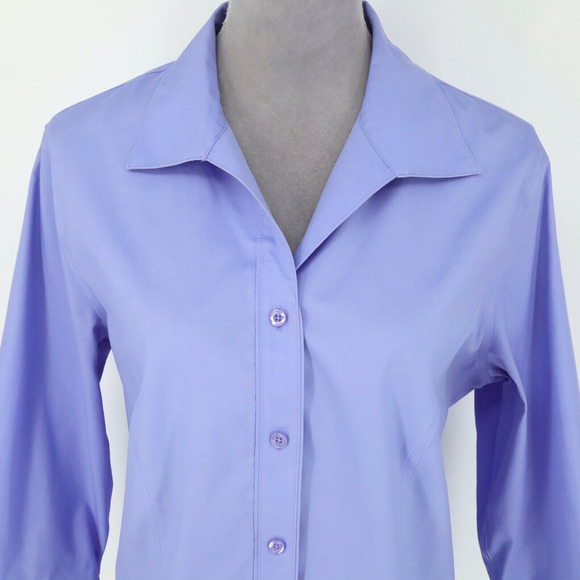 Chicos Top 2 Womens Large 12 Blue Cotton Blouse No Iron Button Up Office Career - Picture 7 of 13